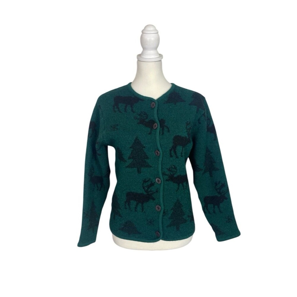 Vintage Eminent By Lisa Wool Sweater Green Moose Deer Tree Cardigan Cottagecore